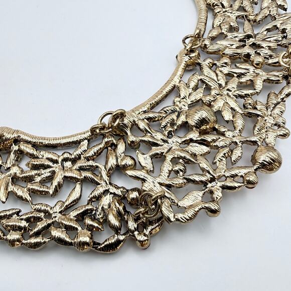 NATASHA Rhinestone Bib Necklace Floral Multicolor Crystal Goldtone Statement 19" - Picture 6 of 7